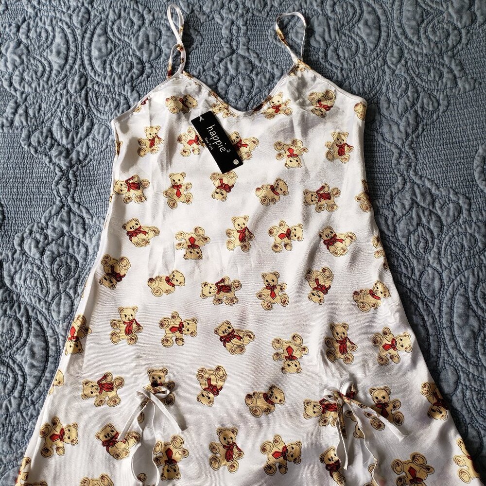 Happie Satin Teddy Bear Print Chemise Mini Nightie Slip Nightgown